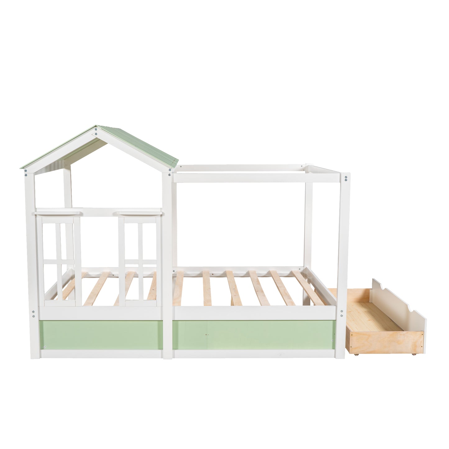 Full Size House Bed with Roof, Window and Drawer - Green + White