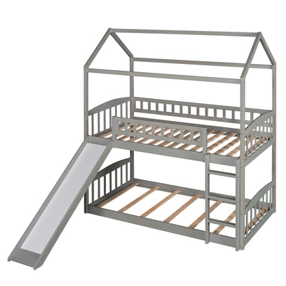 Twin Over Twin Bunk Bed with Slide, House Bed with Slide, Gray(OLD SKU: LP000213AAE)