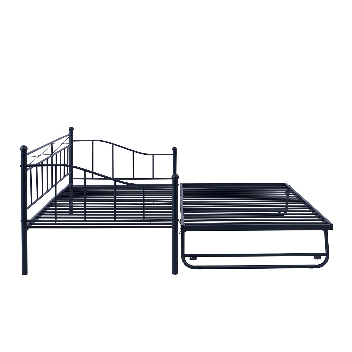 Twin Size Metal Daybed with Twin Size Adjustable Trundle, Portable Folding Trundle, Black