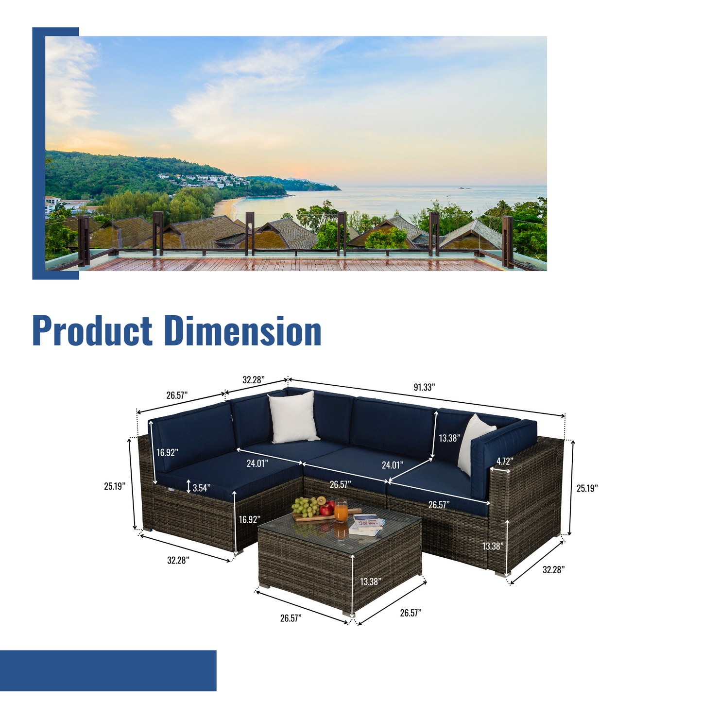 Outdoor Garden Patio Furniture 5-Piece Dark Gray PE Rattan Wicker Sectional Navy Cushioned Sofa Sets with 2 Begie Pillows