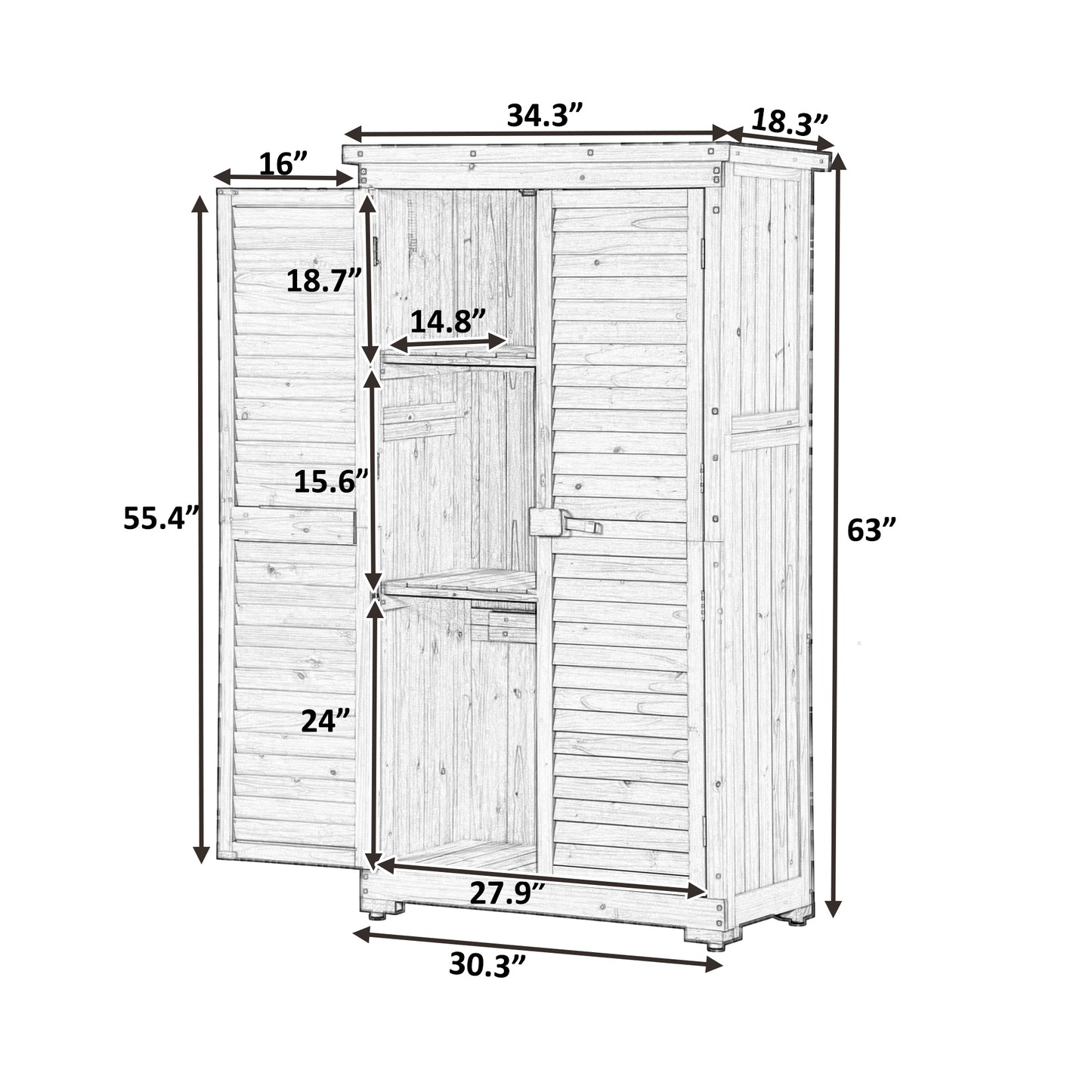 TOPMAX Wooden Garden Shed 3-tier Patio Storage Cabinet Outdoor Organizer Wooden Lockers with Fir Wood (Natural Wood Color -Shutter Design)