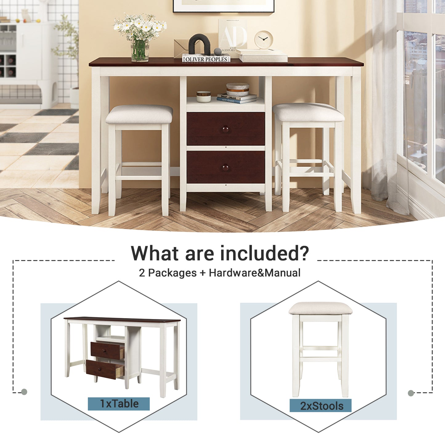 TOPMAX Farmhouse Rustic 3-piece Counter Height Wood Dining Table Set with 2 Storage Drawers and 2 Stools for Small Places, White and Brown