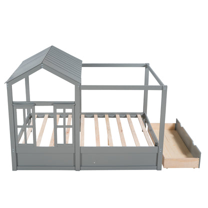 Full Size House Bed with Roof, Window and Drawer - Gray