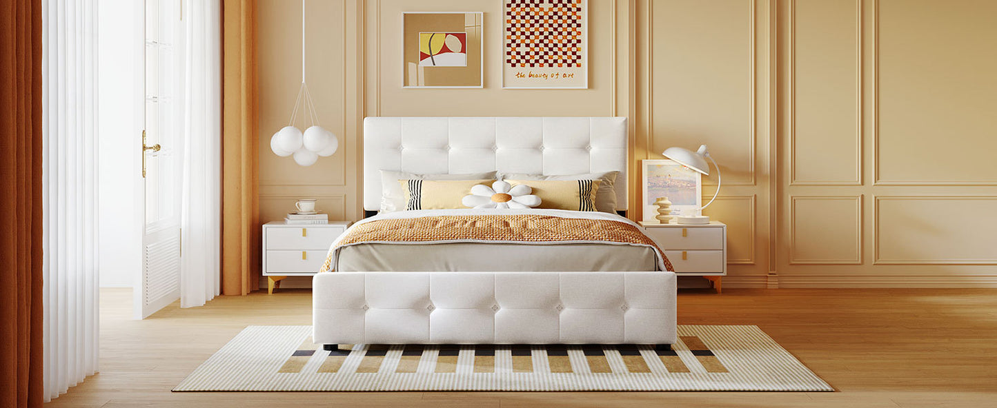 Upholstered Platform Bed with Classic Headboard and 4 Drawers, No Box Spring Needed, Linen Fabric, Queen Size White