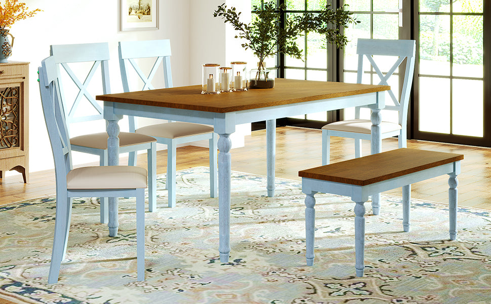 TOPMAX 6 Piece Dining Table set with Bench,Wooden Kitchen Table Set w/ 4 Padded Dining Chairs,Blue