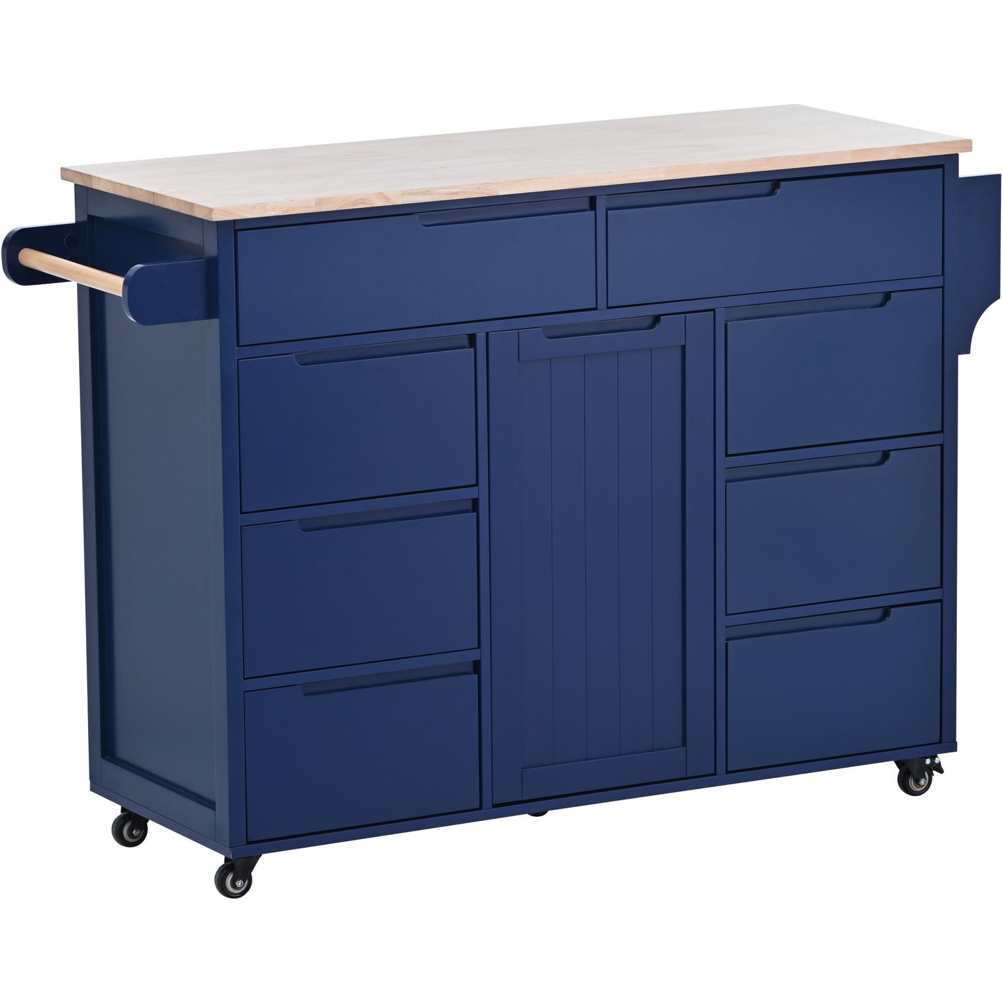 K&K Store Kitchen Cart with Rubber Wood Countertop , Kitchen Island has 8 Handle-Free Drawers Including a Flatware Organizer and 5 Wheels for Kitchen Dinning Room, Dark Blue