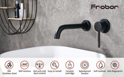 Wall Mount Faucet for Bathroom Sink or Bathtub, Single Handle 2 Holes Brass Rough-in Valve Included, Matte Black