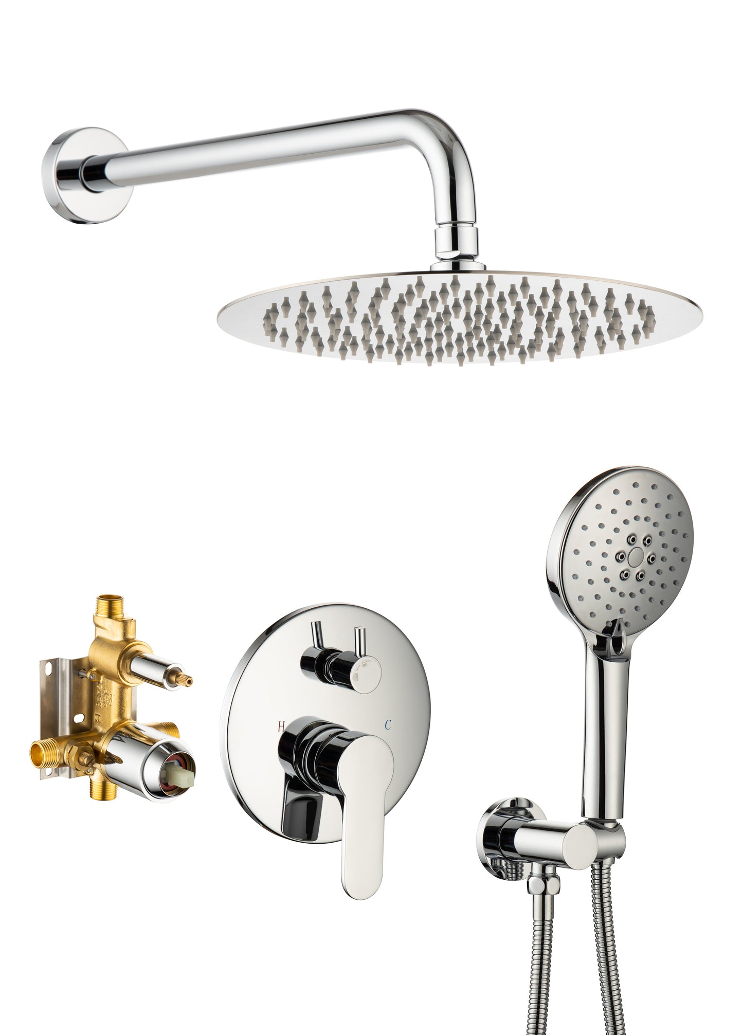 Shower Faucet Set, Wall Mount Round hower System Mixer Set, 10 Inch Rain Shower Head with Handheld Spray, Solid Brass, Rough-in Valve Included