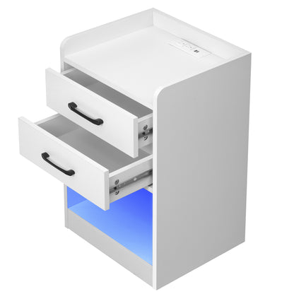 Nightstand with 2 Drawers and Cabinet,USB Charging Ports and Remote Control LED Light-White