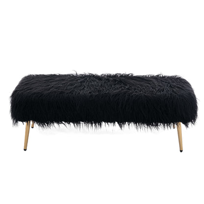 HengMing Faux Fur Plush Ottoman Bench, Modern Fluffy Upholstered Bench for Entryway Dining Room Living Room Bedroom, Black