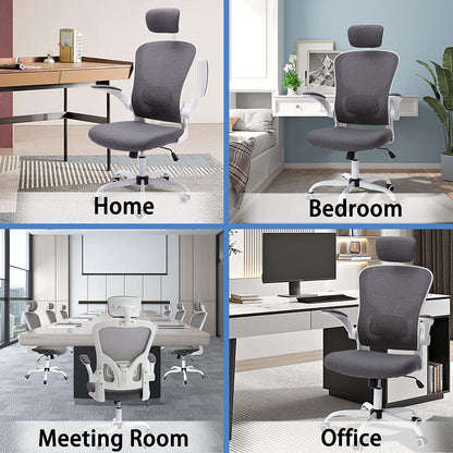 Office Chair Mesh High Back Computer Chair Height Adjustable Swivel Desk Chairs with Wheels,Adjustable Armrest Backrest Headrest,Grey