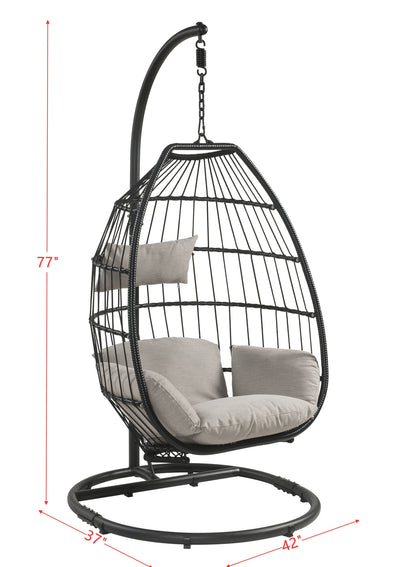 ACME Oldi Patio Hanging Chair with Stand, Beige Fabric & Black Wicker 45115