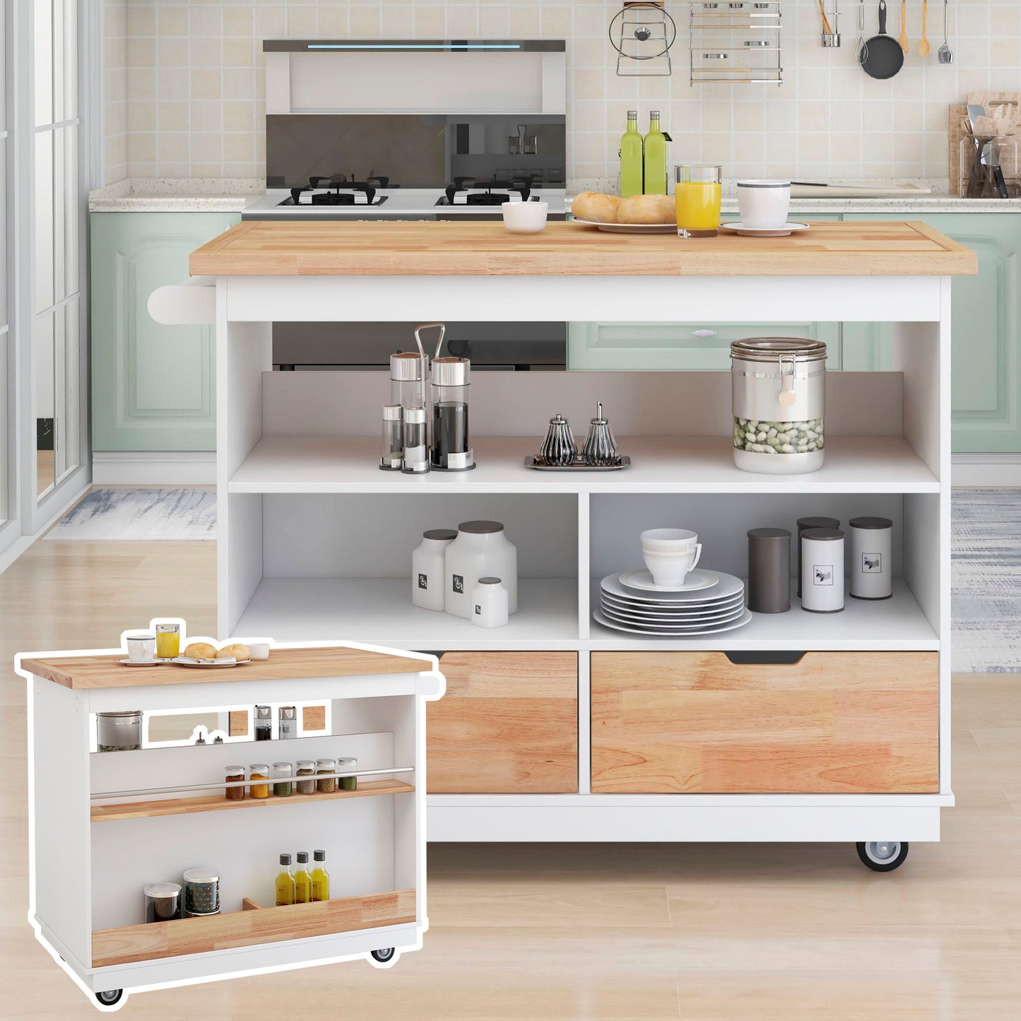 Kitchen Cart Rolling Mobile Kitchen Island Solid Wood Top, Kitchen Cart With 2 Drawers,Tableware Cabinet（White）