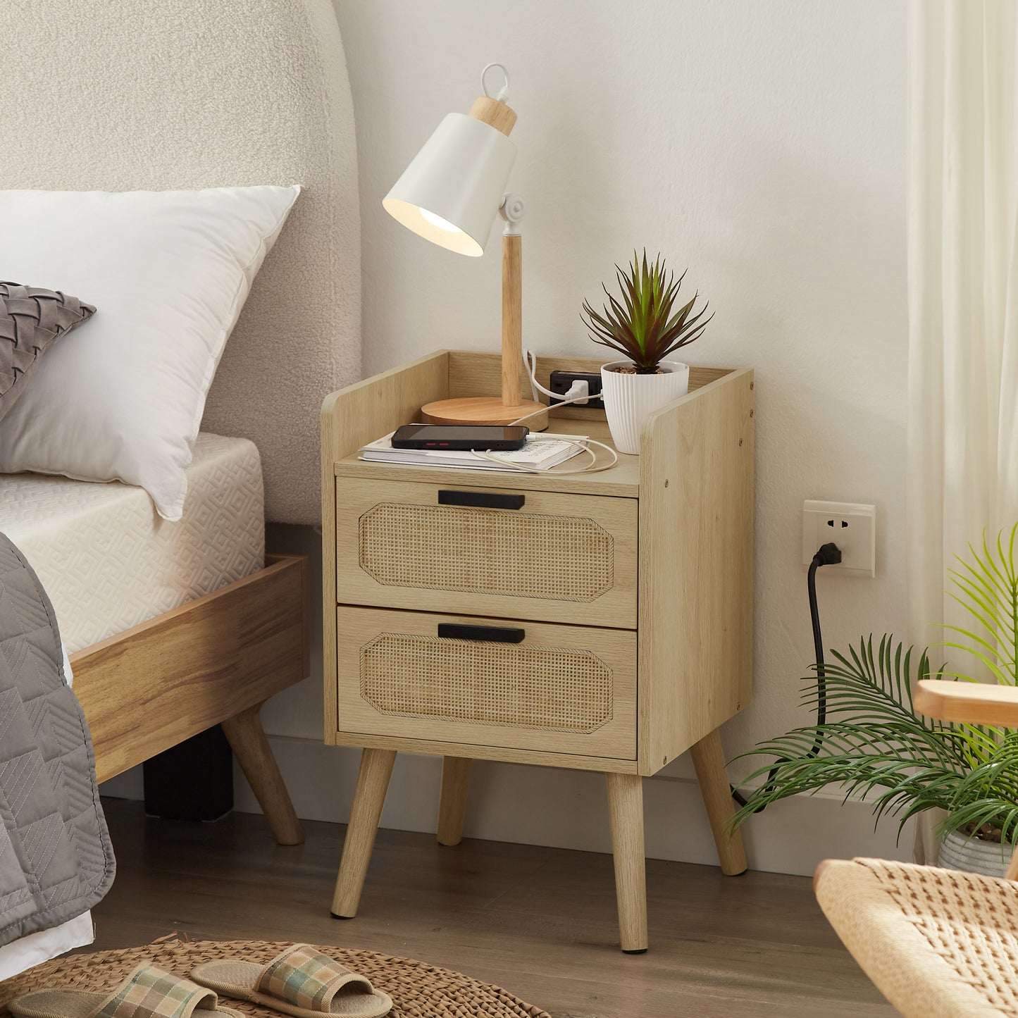 JHX Rattan nightstand with socket side table natural handmade rattan（2PC,Natural ,15.55’’W*13.78’’D*23.82’’H）