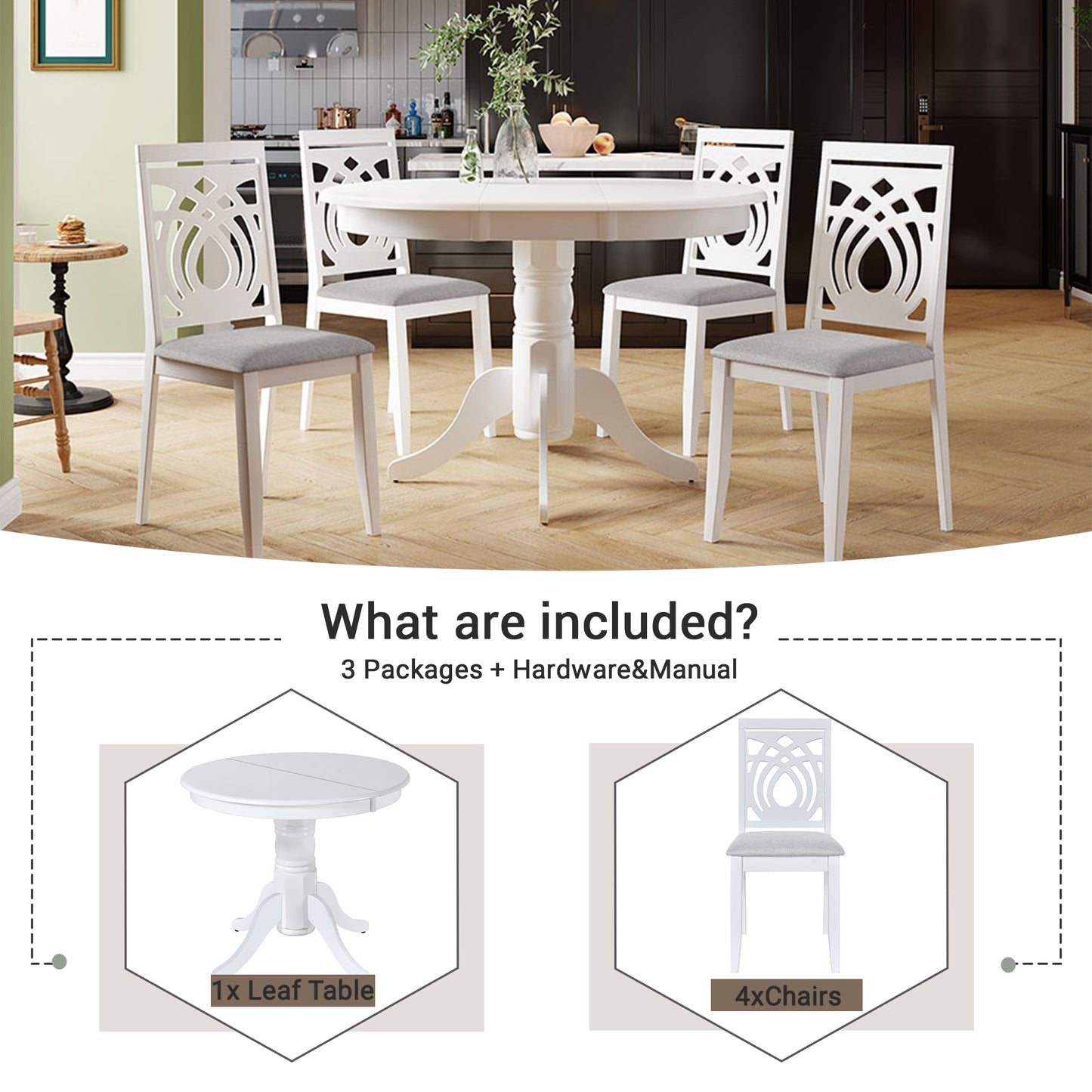 TOPMAX Mid-Century 5-Piece Extendable Round Dining Table Set with 4 Upholstered Dining Chairs for Small Places, White