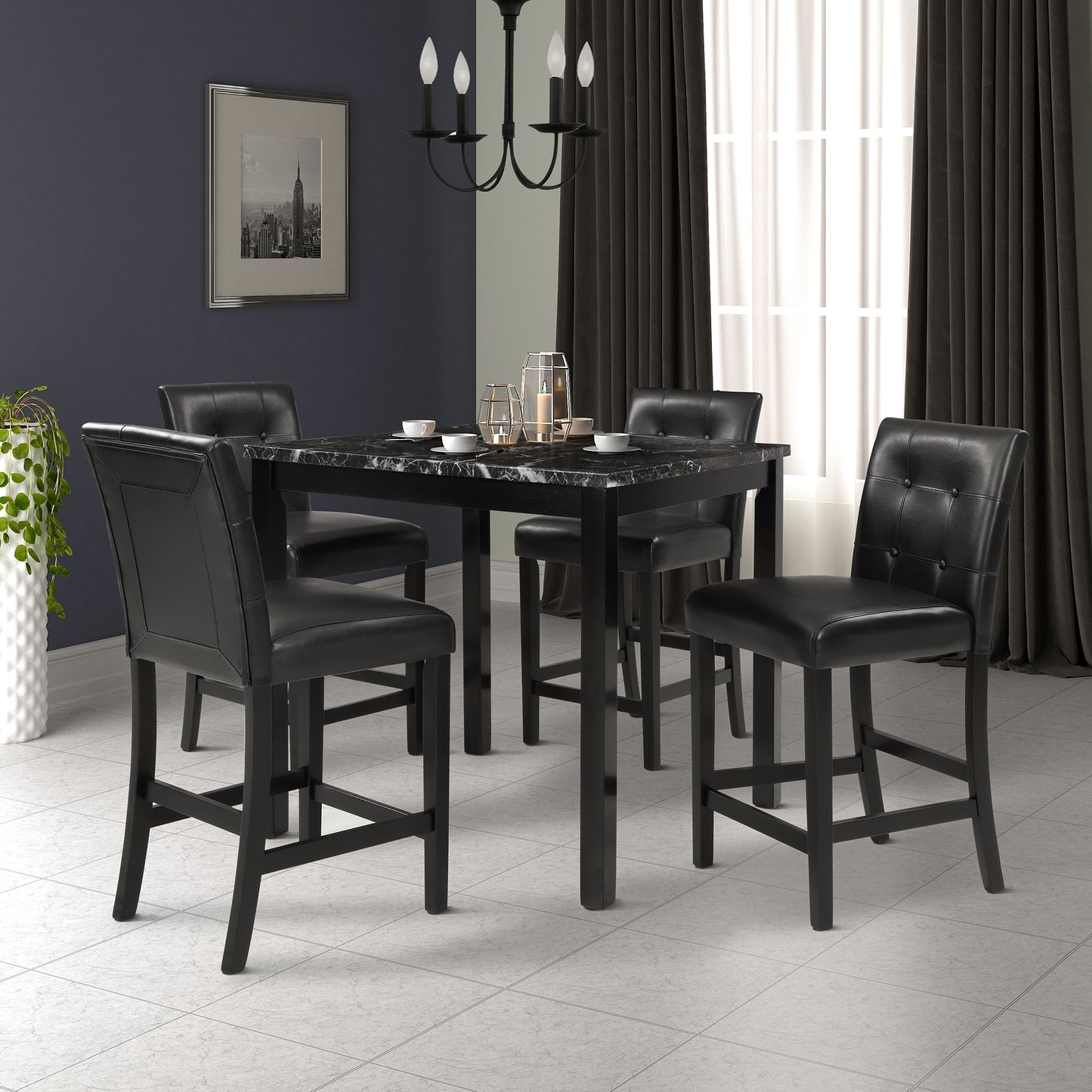 TOPMAX 5-Piece Kitchen Table Set Faux Marble Top Counter Height Dining Table Set with 4 PU Leather-Upholstered Chairs (Black)