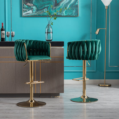 Set of 2  Bar Stools,with Chrome Footrest and Base Swivel Height Adjustable Mechanical Lifting Velvet + Golden Leg Simple Bar Stool-Green