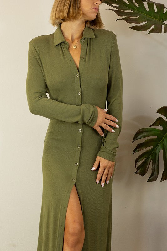BUTTON DOWN LONG SLEEVE DRESS WITH BACK OPEN