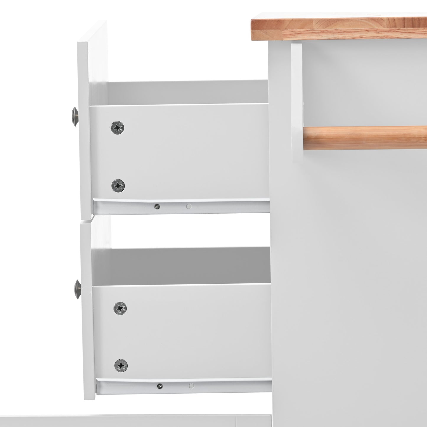 K&K Store Kitchen Cart on 4 Wheels with 2 Drawers and 3 Open Shelves, Kitchen Island with Rubber Wood top for Dinning Room, White