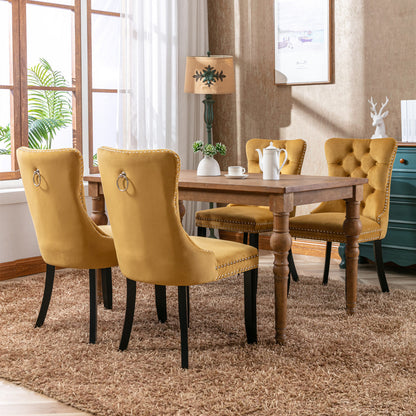 A&A Furniture,Nikki Collection Modern, High-end Tufted Solid Wood Contemporary Velvet Upholstered Dining Chair with Wood Legs Nailhead Trim  2-Pcs Set，Gold