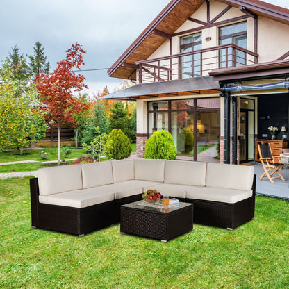 Outdoor Garden Patio Furniture 6-Piece Brown PE Rattan Wicker Sectional Beige Cushioned Sofa Sets