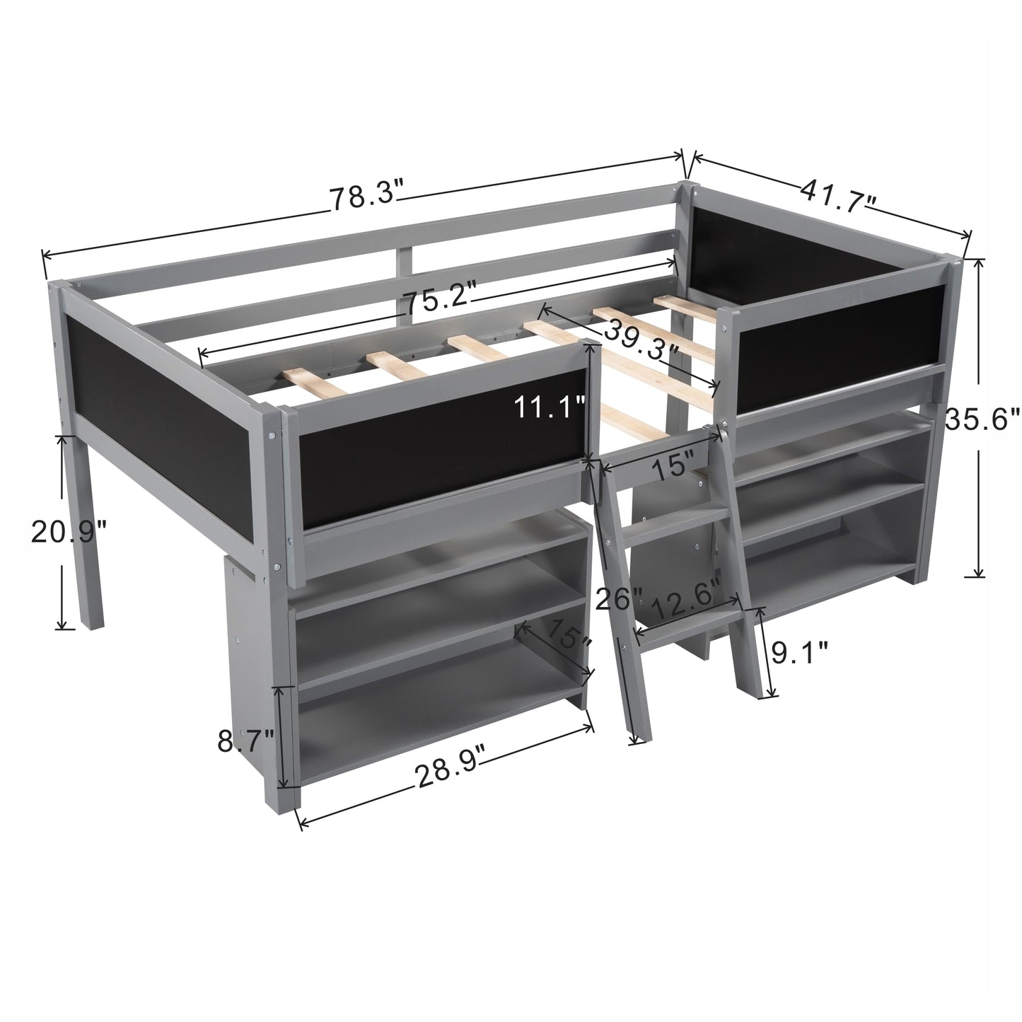 Twin Size Low Loft Bed with Two Movable Shelves and Ladder,with Decorative Guardrail Chalkboard,Gray