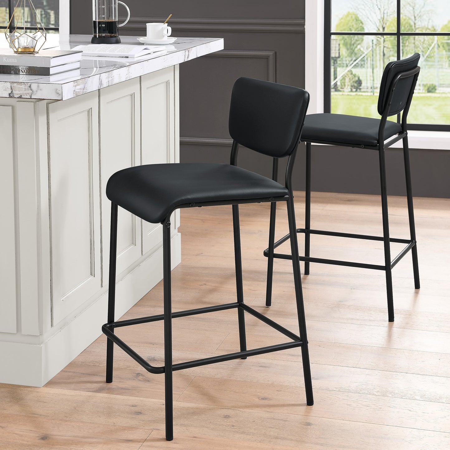 Pu Faux Leather Counter Stools Set of 2, Pub Counter Stool with Back and Footrest, Black (17.5"x19.25“x34.5”）
