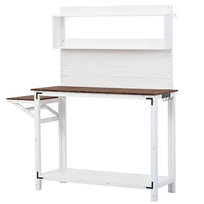 TOPMAX 65inch Garden Wood Workstation Backyard Potting Bench Table with Shelves, Side Hook and Foldable Side Table,White