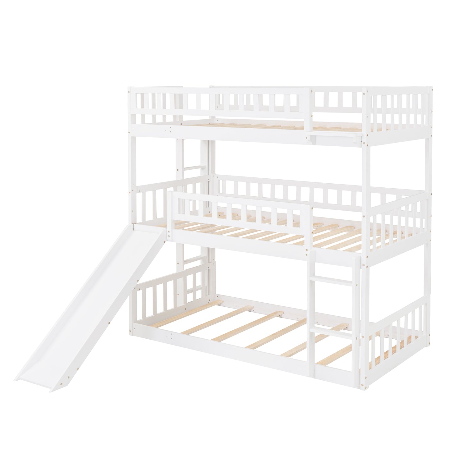 Twin-Over-Twin-Over-Twin Triple Bed with Built-in Ladder and Slide, Triple Bunk Bed with Guardrails, White(OLD SKU: LP000051AAK)