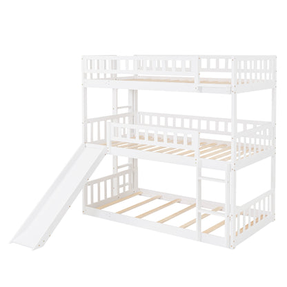 Twin-Over-Twin-Over-Twin Triple Bed with Built-in Ladder and Slide, Triple Bunk Bed with Guardrails, White(OLD SKU: LP000051AAK)