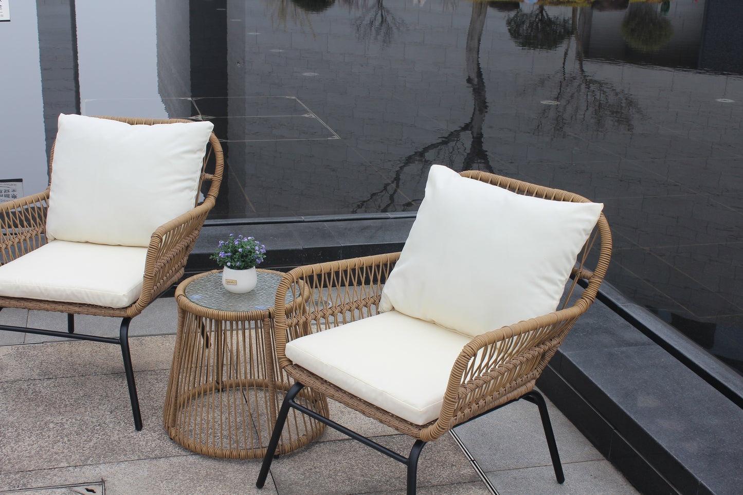 3PCS Outdoor Patio Balcony Natural Color Wicker Chair Set with Beige Cushion and Round Tempered Glass Table