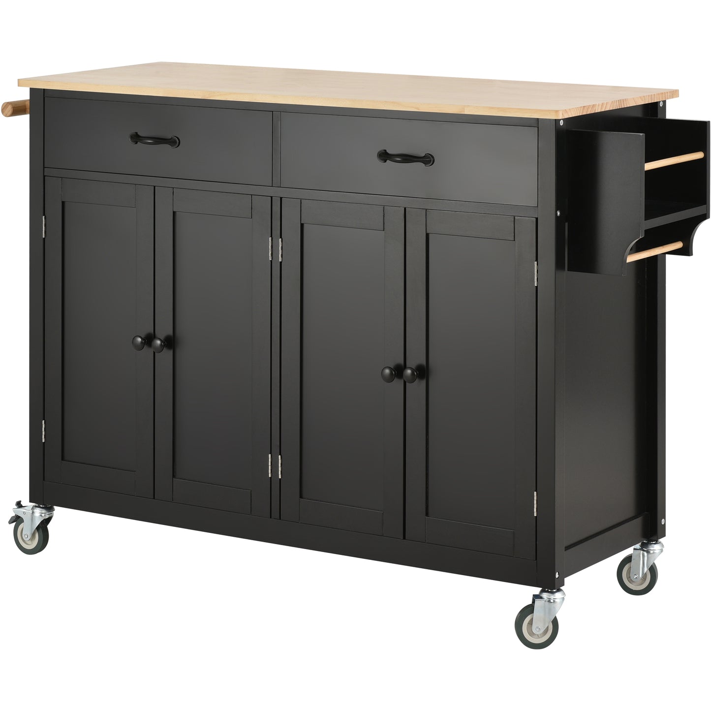 Kitchen Island Cart with Solid Wood Top and Locking Wheels，54.3 Inch Width，4 Door Cabinet and Two Drawers，Spice Rack, Towel Rack （Black）