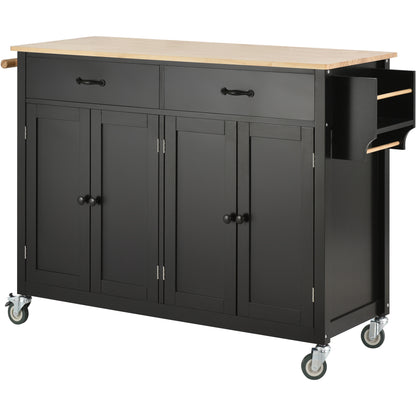 Kitchen Island Cart with Solid Wood Top and Locking Wheels，54.3 Inch Width，4 Door Cabinet and Two Drawers，Spice Rack, Towel Rack （Black）