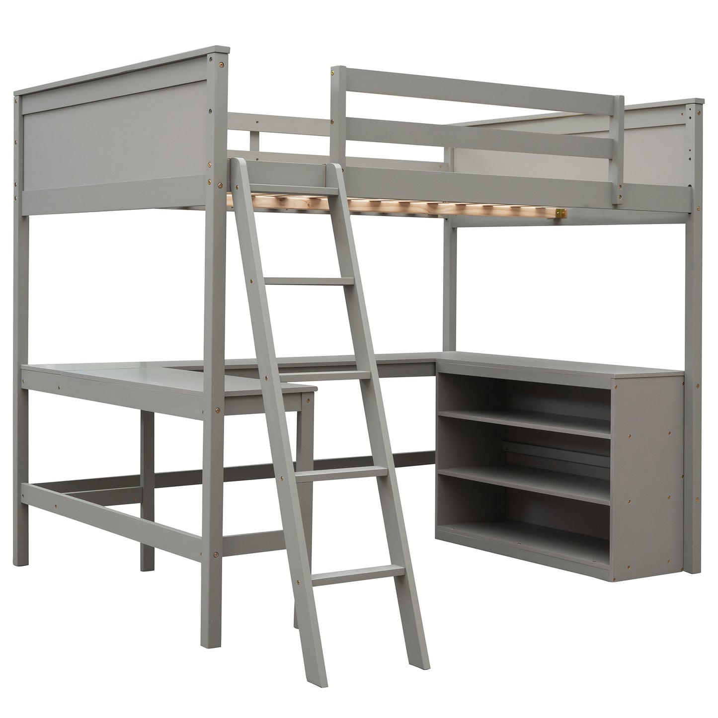 Full size Loft Bed with Shelves and Desk, Wooden Loft Bed with Desk - Gray