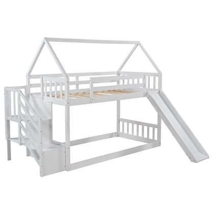 Twin over Twin House Bunk Bed with Slide and Storage Staircase,White