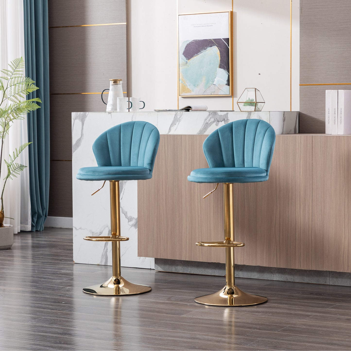 Set of 2  Bar Stools,with Chrome Footrest and Base Swivel Height Adjustable Mechanical Lifting Velvet + Golden Leg Simple Bar Stool-Baby Blue