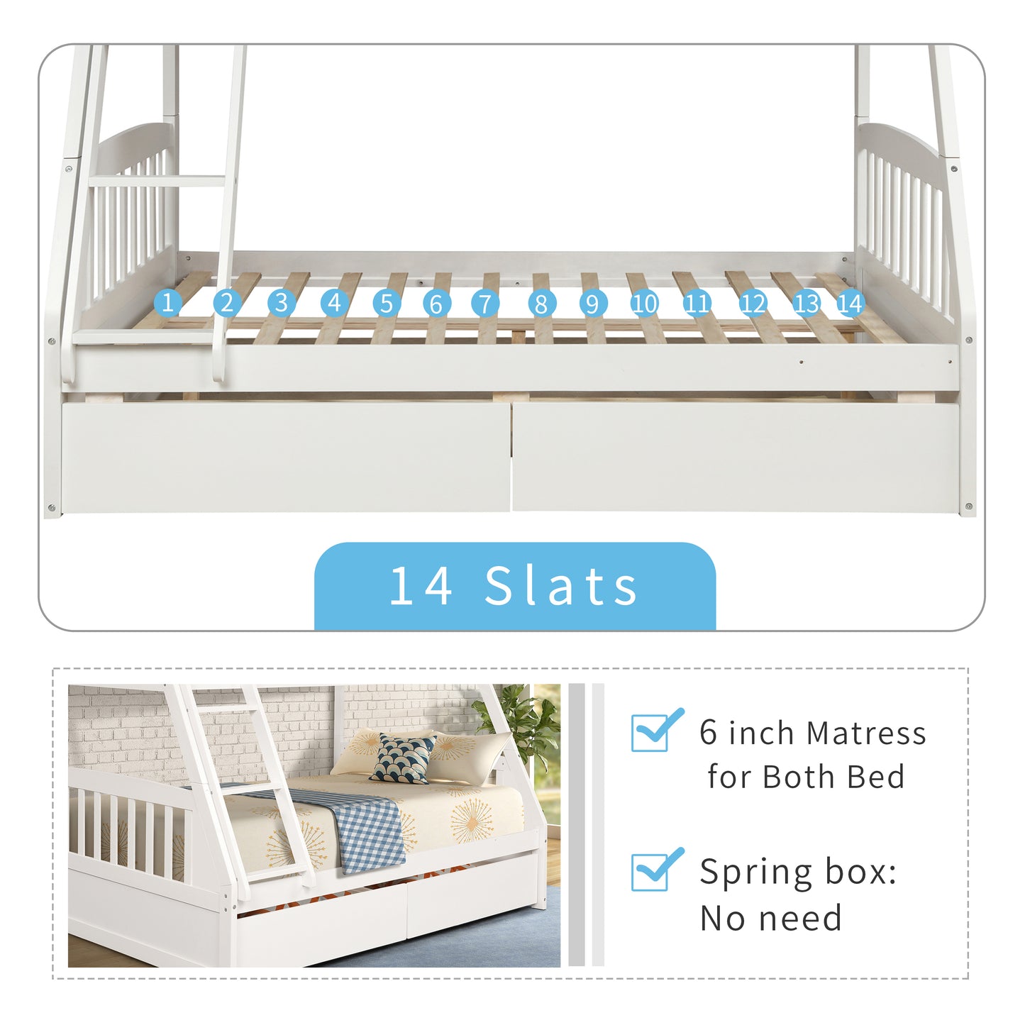 TOPMAX Solid Wood Twin Over Full Bunk Bed with Two Storage Drawers, White