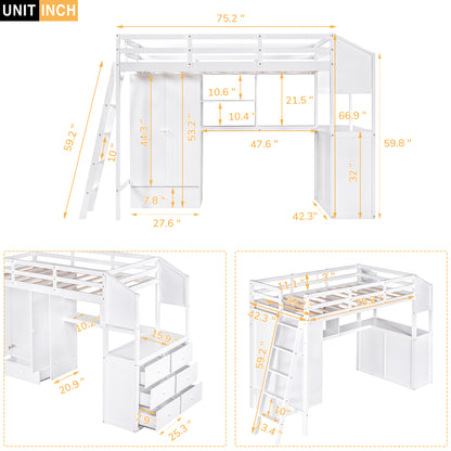 Twin Size Loft Bed with Wardrobe and Drawers, attached Desk with Shelves, White