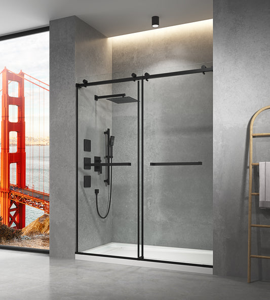 60 in. W x 76 in. HSliding Frameless Shower Door in Matte Black with Clear Glass