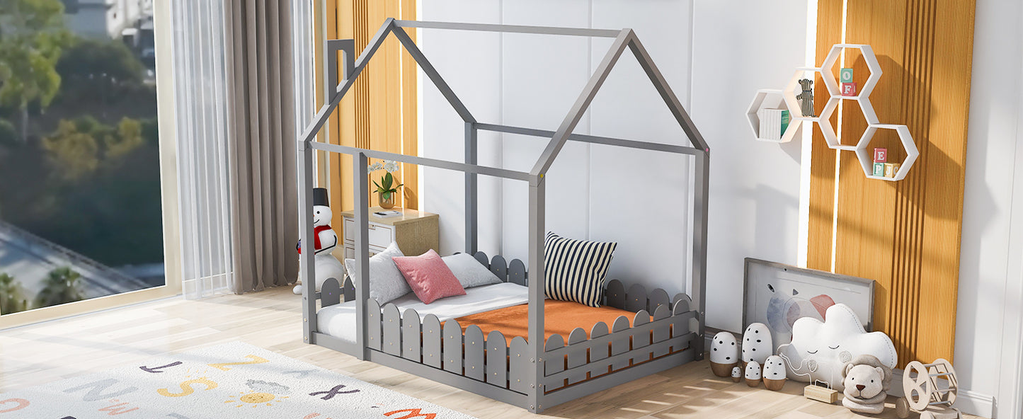 （Slats are not included) Full Size Wood Bed House Bed Frame with Fence, for Kids, Teens, Girls, Boys (Gray )(OLD SKU:WF281294AAE)