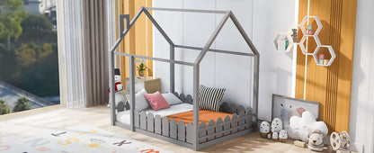 （Slats are not included) Full Size Wood Bed House Bed Frame with Fence, for Kids, Teens, Girls, Boys (Gray )(OLD SKU:WF281294AAE)