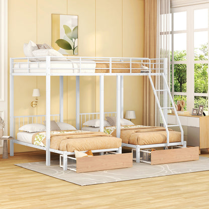 Full Over Twin & Twin Bunk Bed, Metal Triple Bunk Bed with Drawers and Guardrails, White