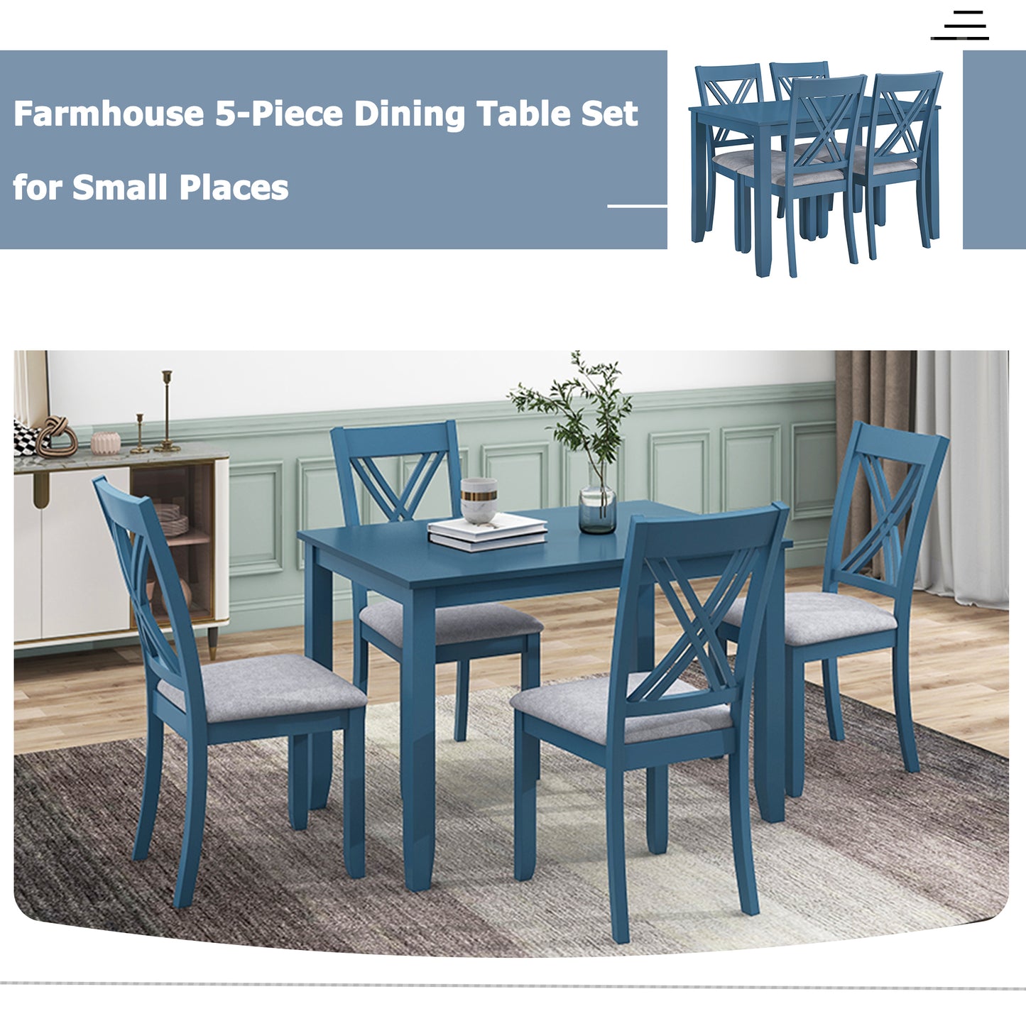 TOPMAX Rustic Minimalist Wood 5-Piece Dining Table Set with 4 X-Back Chairs for Small Places, Blue