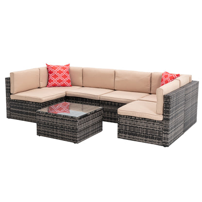 7Pcs Outdoor Garden Patio Furniture  PE Rattan Wicker  Sectional Cushioned Sofa Sets with 2 Pillows and Coffee Table