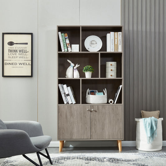 Bookcase, Bookshelf with Doors, Gray Oak