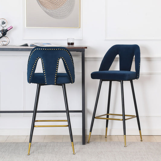 A&A Furniture,Akoya Collection Modern | Contemporary Velvet Upholstered Connor 28" Bar Stool & Counter Stools with Nailheads and Gold Tipped Black Metal Legs,Set of 2 (Blue)