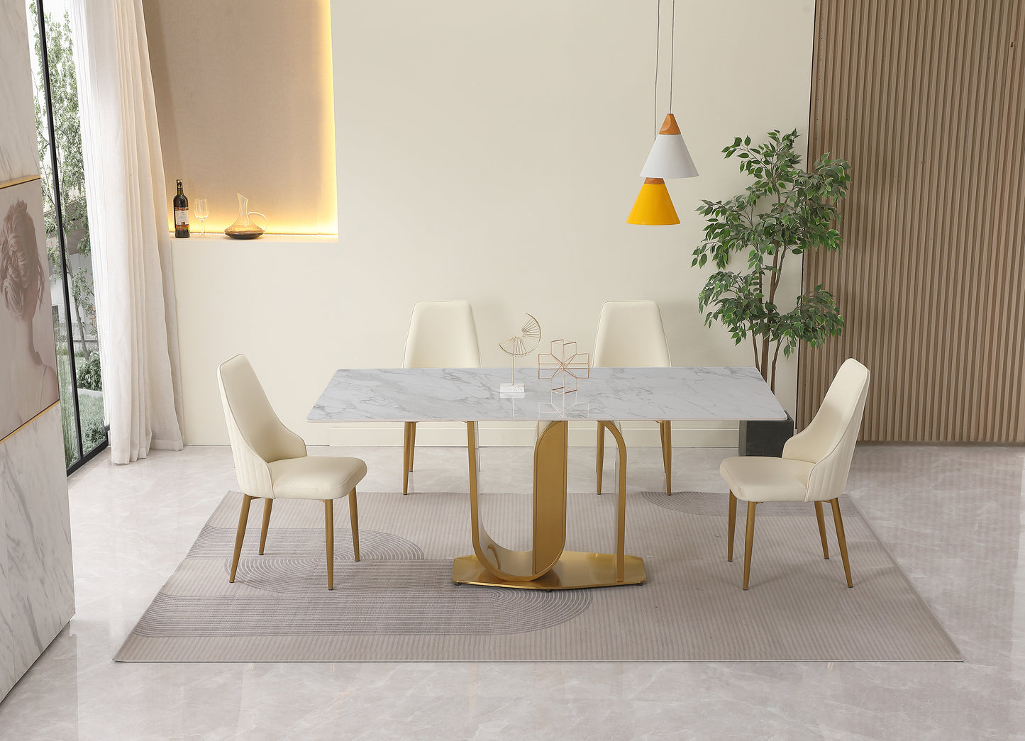 71" Contemporary Dining Table  Sintered Stone  U shape Pedestal Base in Gold finish with 6 pcs Chairs .