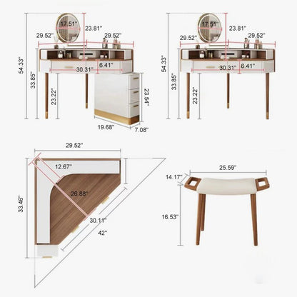 Modern Corner Makeup Vanity Table with LED Lighted Mirror, Vanity Desk with 5 Drawers, Piano Finish, Solid Wood Legs, Stool,