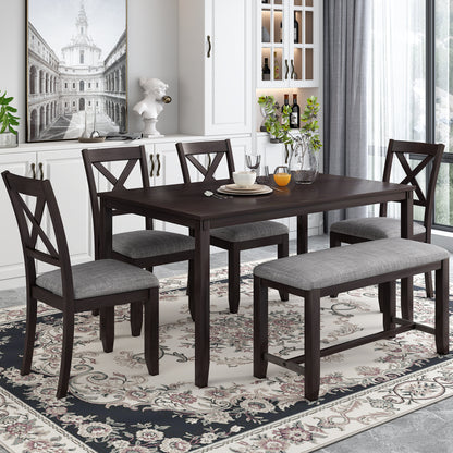 TREXM 6-Piece Kitchen Dining Table Set Wooden Rectangular Dining Table, 4 Dining Chairs and Bench Family Furniture for 6 People (Espresso)