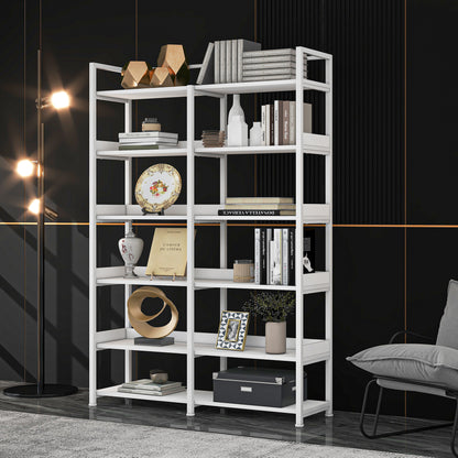 70.8 Inch Tall Bookshelf MDF Boards Stainless Steel Frame, 6-tier Shelves with Back&Side Panel, Adjustable Foot Pads, White